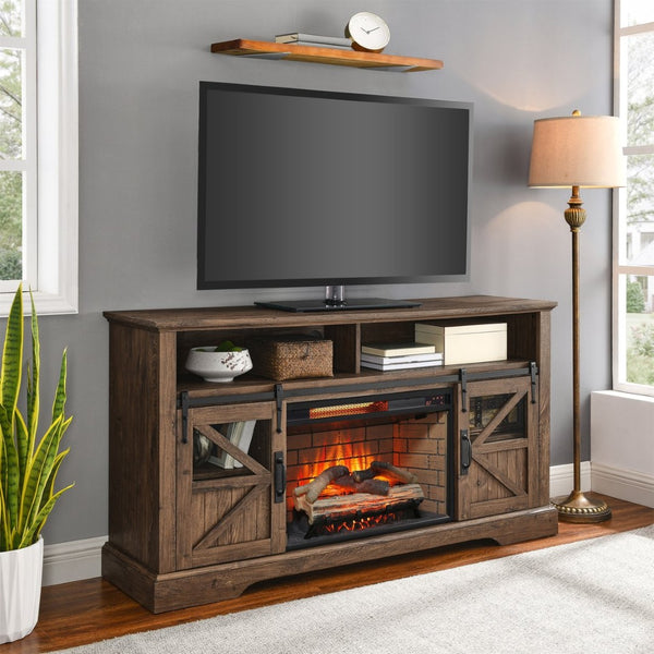English Elm 60 Inch Farmhouse Electric Fireplace Tv Stand with Led Flame and Cabinet Storage Reclaimed Barnwood W1769S00005
