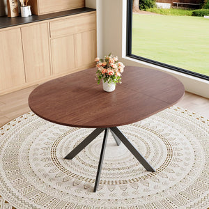 English Elm Extendable Round Dining Table Walnut Grain Top Matte Black Base Seats 4 to 6 W3875S00001