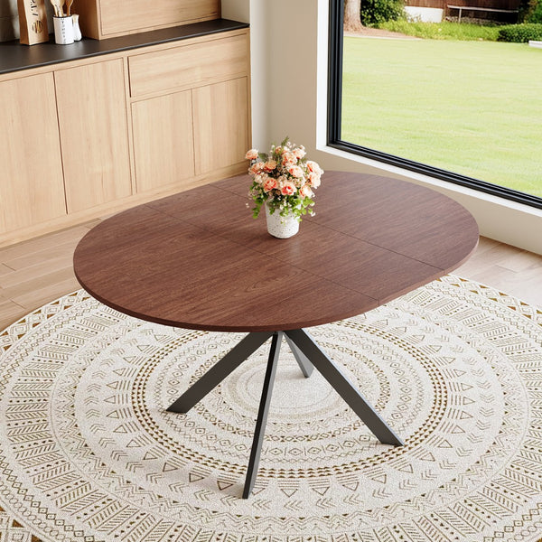 English Elm Extendable Round Dining Table Walnut Grain Top Matte Black Base Seats 4 to 6 W3875S00001