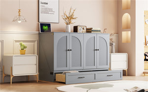 English Elm Full Size Murphy Bed Rattan Cabinet with Storage Drawers and Gold Hardware Gray N708S00009E