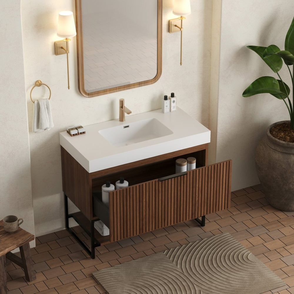 English Elm Dina Floating Bathroom Vanity Sintered Stone Top Glass Basin Striped Plywood Cabinet W2615S00255