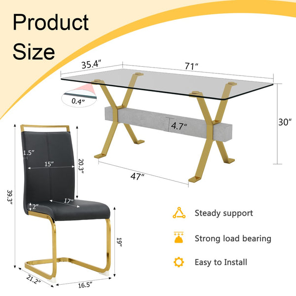 English Elm Table Elegant Transparent Glass Dining Set - 71"X35.4" With 8 Stylish Black Pu Chairs & Gold Legs W1151S02362-GIGA