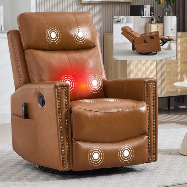 English Elm Orange Genuine Leather Massage Rocking Swivel Recliner with Lumbar Heat for Living Room W1803P323715