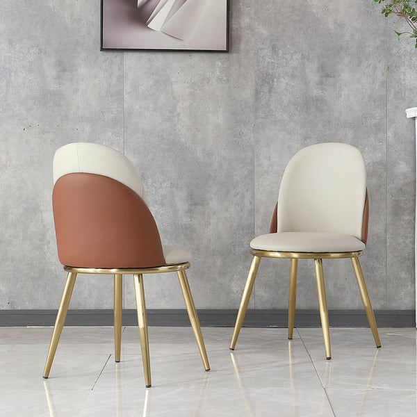 English Elm Dining Velvet Dining Chair Set of 2 with Ergonomic Arc Back, PU Leather, Wooden Legs, Modern Style Beige+Brown W2699P216823