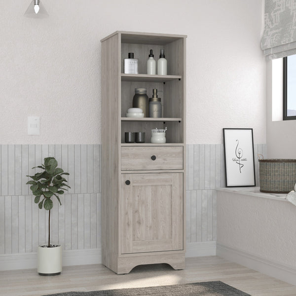 English Elm St. Clair Grey Linen Cabinet with Drawer & 3 Open Shelves, Engineered Wood, Compact Storage Solutions B200P188813