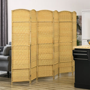English Elm HOMCOM Hand-Woven 6-Panel Room Divider 6' Tall Folding Privacy Screen Paulownia Frame Natural Wood W2225P217942