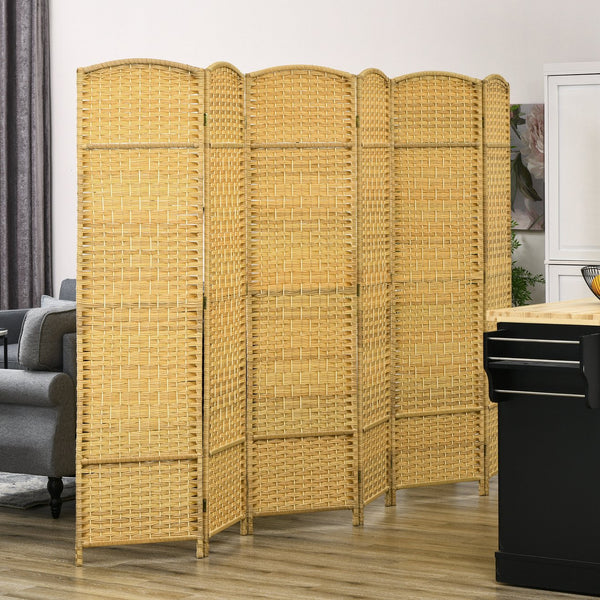 English Elm HOMCOM Hand-Woven 6-Panel Room Divider 6' Tall Folding Privacy Screen Paulownia Frame Natural Wood W2225P217942