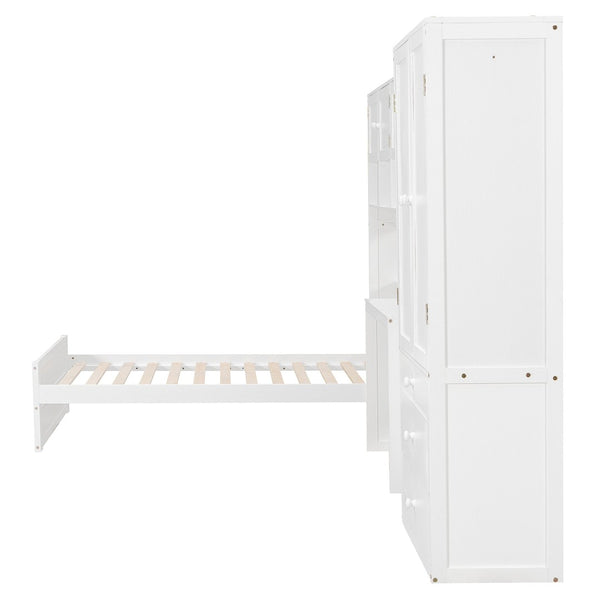 English Elm Wooden Twin Loft Bed with Built-in Desk Wardrobe Storage Drawers and Led Lighting N820S00069K