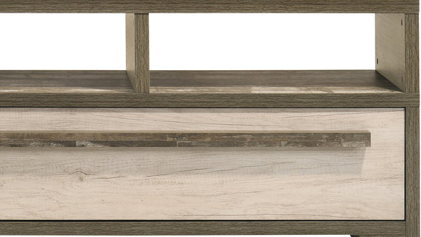 English Elm 1pc Mid-Century TV Stand 71.1" Wide Light Finish with Sliding Doors, Tapered Legs & Gold Handles Wood 74 L x 19 W x 22 H B2741P406265