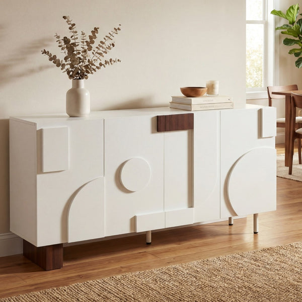 English Elm Modern White Walnut Sideboard with Geometric Doors Adjustable Shelves Dining Storage N779P373192W_N779P373193W