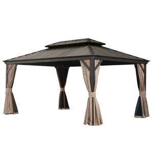 English Elm 12' X 16' Hardtop Gazebo With Enhanced Drainage, Dual-Layer Steel Roof, Privacy Curtains & Netting W1859S00142