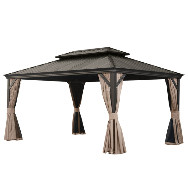 English Elm 12' X 16' Hardtop Gazebo With Enhanced Drainage, Dual-Layer Steel Roof, Privacy Curtains & Netting W1859S00142