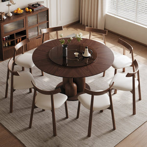 English Elm 59-inch Solid Oak Round Dining Set Wabi-sabi Sculpted Table Eight Chairs Lazy Susan W2700S00138