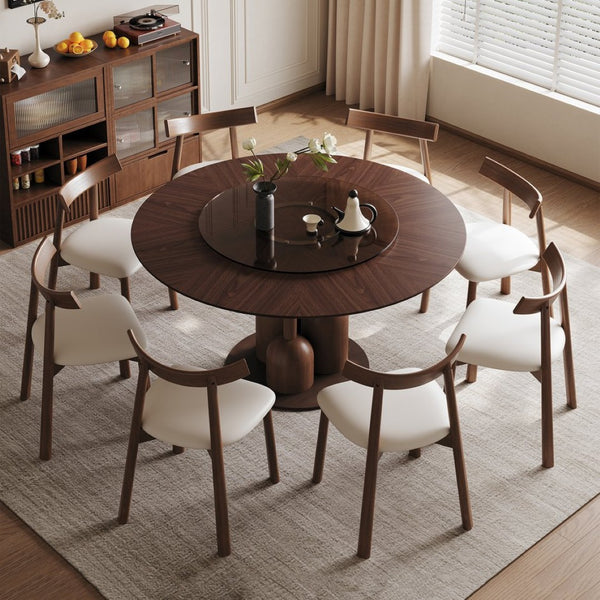 English Elm 59-inch Solid Oak Round Dining Set Wabi-sabi Sculpted Table Eight Chairs Lazy Susan W2700S00138