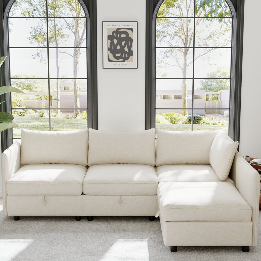 English Elm Modular Sectional Sofa Set with Hidden Storage Pocket Spring Living Room Couch Beige W680S00135