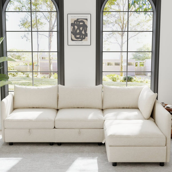 English Elm Modular Sectional Sofa Set with Hidden Storage Pocket Spring Living Room Couch Beige W680S00135
