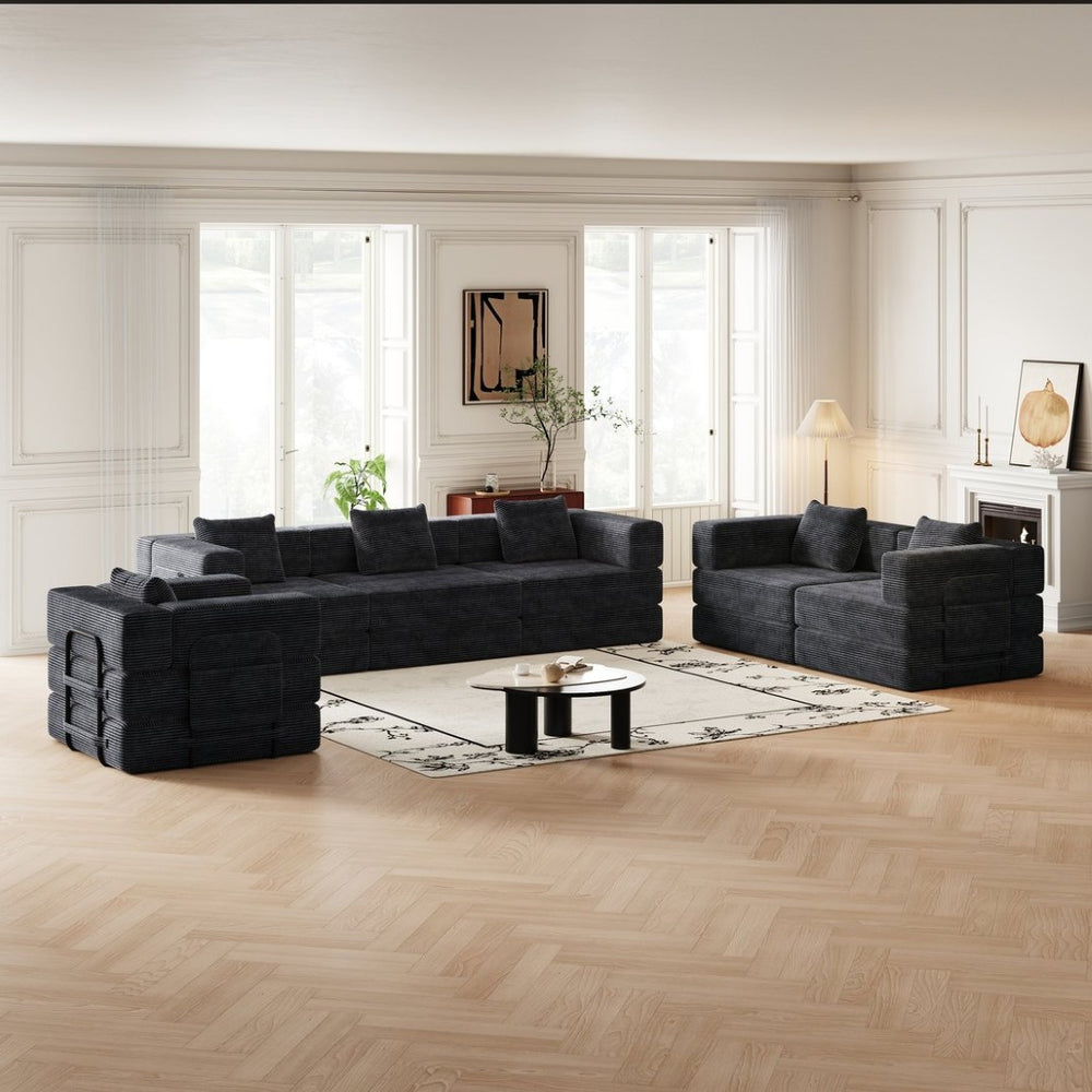 English Elm 6 Seater Corduroy Floor Sofa Bed with Storage Pockets and High-density Foam Cushions W3505S00019