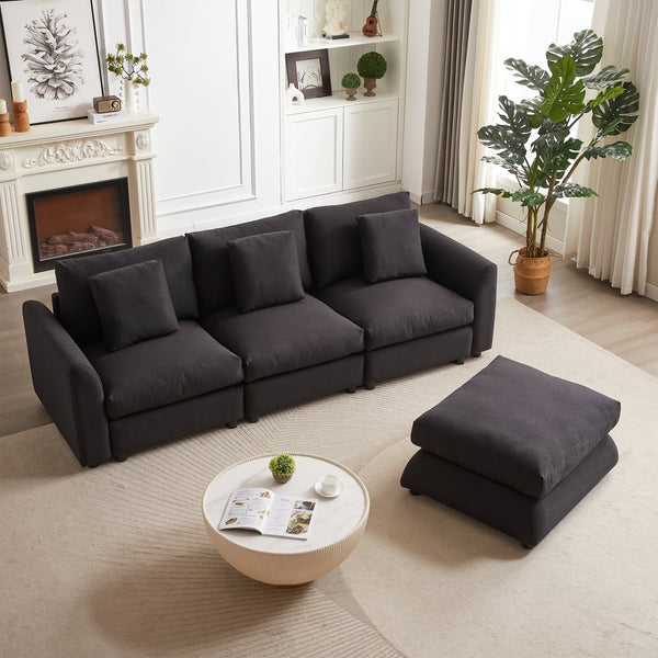 English Elm MH102.2 Modular 102.2" L-Shaped Sectional Sofa with Ottoman, 3 Cushions & Pillows, Upholstered Comfort Black W1193S00137