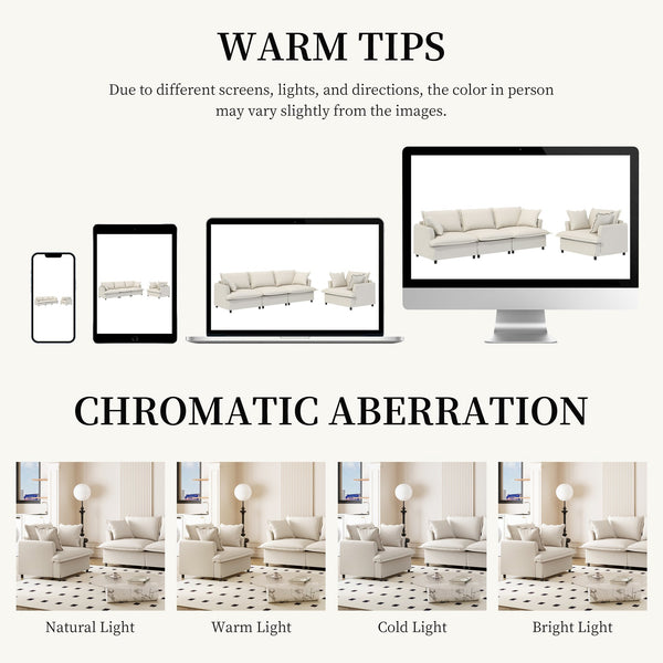 English Elm [New+Video] Modular Chenille Sofa Set with 3-Seater, Armchair & Ottoman—Skirted Design, Petal Arms, Removable Cushions, Plush Comfort and Durable Frame Beige N723S6059A