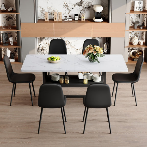 English Elm Table And Chair Set - Modern 71" White Grain Dining Table With Storage & 6 Black Pu Upholstered Chairs W1151S04265-GIGA