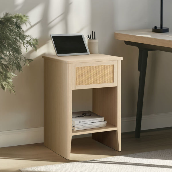 JLA Home 510 Design - Rattan Side Table with USB & USB-C Charging, LED Touch Light, Drawer & Shelf — Farmhouse Style FUR120-0056