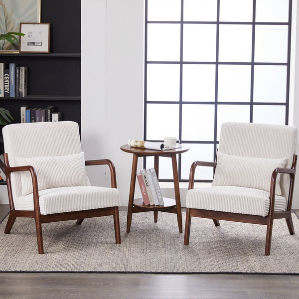 English Elm Mid-Century Beige Accent Chair Upholstered Armchair with Pillow, Solid Wood Frame, Ergonomic Comfort W2989P295373