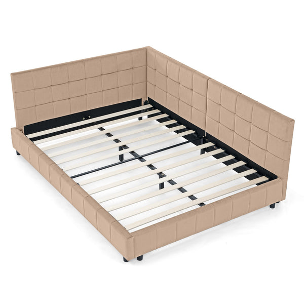 English Elm Full Upholstery Bed Frame with Tufted Velvet Sofa-Style Backrest and Armrests, Sturdy 500lb Capacity Pink W487S00292