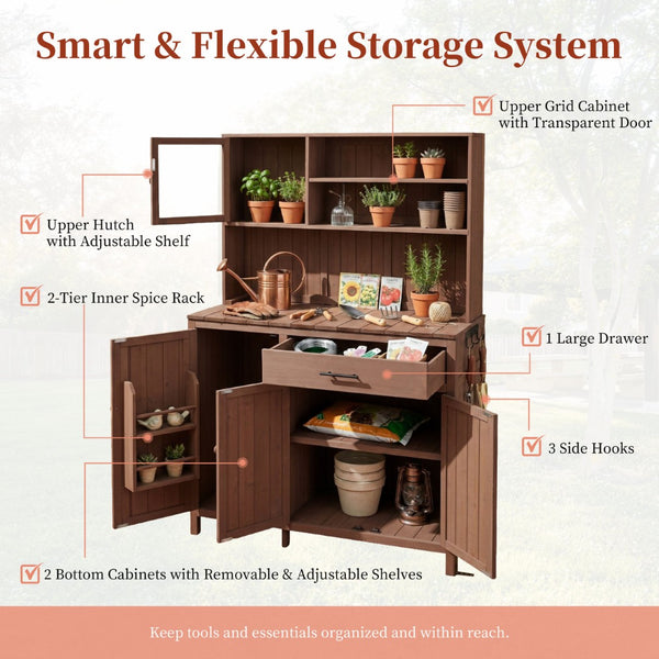 English Elm (with Hutch) Topamx Solid Fir Potting Bench Patio Workstation Spice Rack Drawer Brown N717P404330D