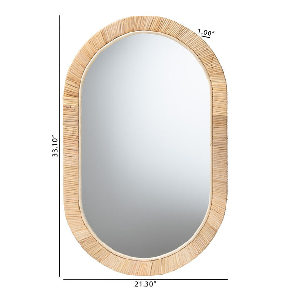 English Elm Modern Oval Rattan Woven Mahogany Frame Wall Mirror for Boho Entryway Decor B2750P467645