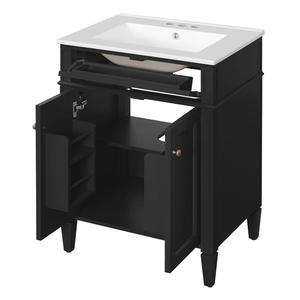 English Elm 24" Bathroom Vanity with Ceramic Basin, French-Inspired Accent Carvings, Soft-Close Doors & Storage Black N710P293309B