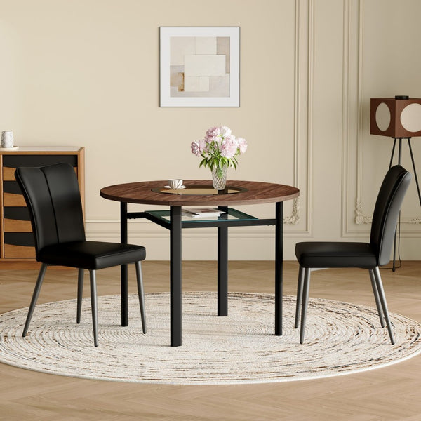 English Elm Table Set Round 42 Inch Wood Grain Mdf Dining with Glass Inset and Two Pu Chairs W1151S04494