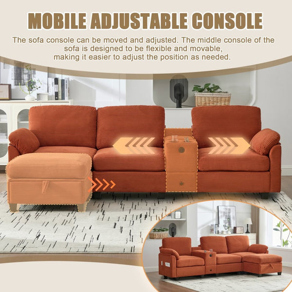 English Elm United Corduroy L-Shaped 4-Seater Sofa With Usb, Cup Holders & Storage Ottoman - Perfect For Apartments! W1568S00225-GIGA