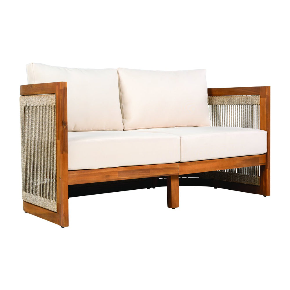English Elm Christopher Knight Home® - 4-Piece Patio Seating Group Premium Acacia Wood Outdoor Set with Curved Tub Design & Woven Rope Accents, Water-Resistant Cushions and Slatted Table Finish Teak+ Beige N767P269282A