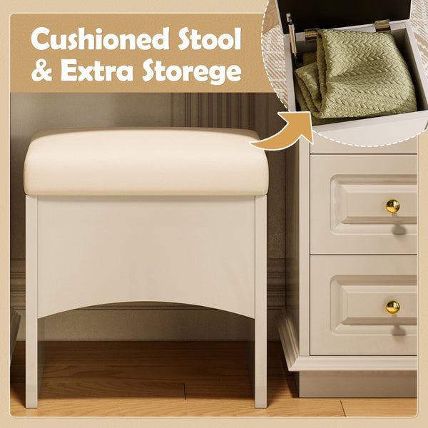 English Elm <old Sku Hollywood Vanity with 10 Bulbs 9 Drawers Cushioned Stool White Glam Bedroom N704G202308A
