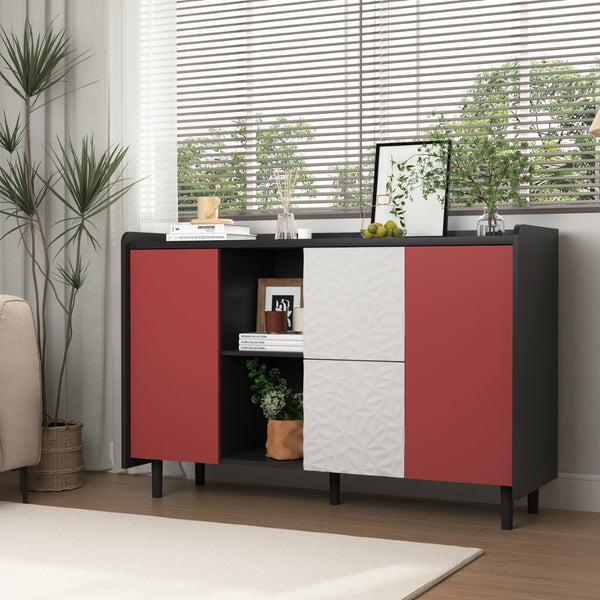 English Elm Sideboard Buffet Cabinet - Modern Black & Red Storage Solution With Drawers & Open Shelves For Style W409P176598-GIGA