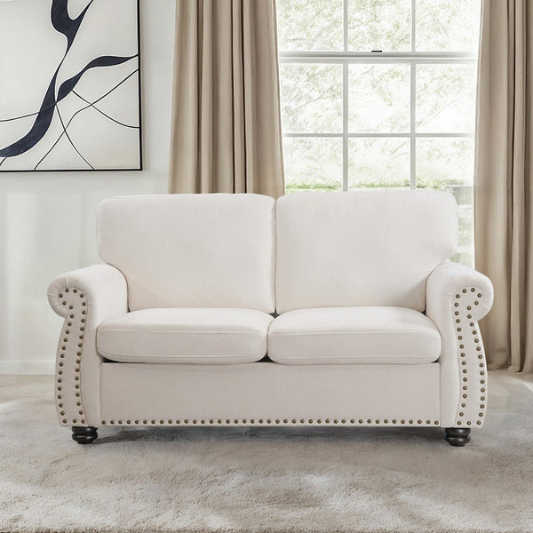 English Elm Soft Velvet Upholstered Loveseat with Turned Wood Legs Nailhead Trim Mid-century Style Ivory B2735P292313
