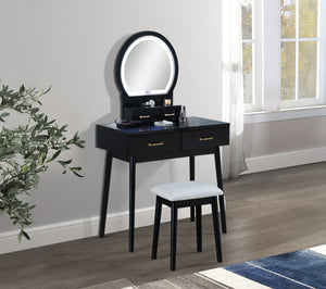 English Elm 3pc Vanity Set with LED Mirror and Cushioned Stool, Gold-Accented Handles, Sleek Modern Dressing Table Black 21.75 L x 33.25 W x 13.5 H B011P378509