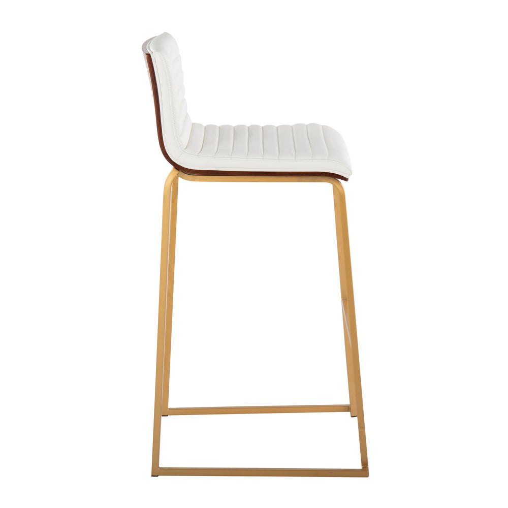 English Elm Mason Mara 30" Fixed-Height Barstools - Set Of 2 In Gold Metal, Walnut Wood & White Faux Leather B202P222247