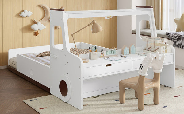 English Elm Full Size Car Shaped Kids Platform Bed with Storage Drawers Integrated Desk Pine Wood Light White W1580S00490