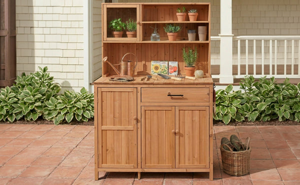 English Elm (with Hutch) Topamx Solid Fir Potting Bench Patio Workstation Spice Rack Drawer Natural N717P404330A