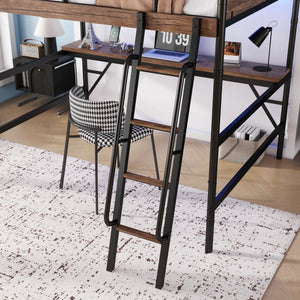 English Elm Full Size Metal Loft Bed with Desk, LED Light & Charging Station, MDF Panels, Safe Rounded Edges W2580P286695