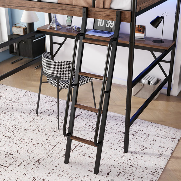 English Elm Full Size Metal Loft Bed with Desk, LED Light & Charging Station, MDF Panels, Safe Rounded Edges W2580P286695