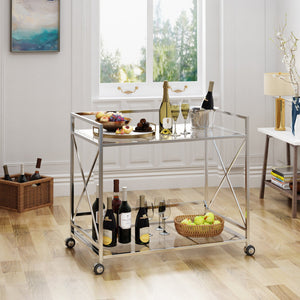 English Elm Christopher Knight Home® - BAR CART Silver Glass & Metal Two-Tier Beverage Cart with Tempered Shelves, Art Deco Frame, Mobile Entertaining Utility 61083.00SIL