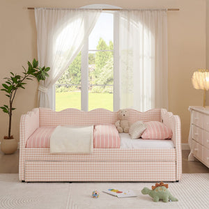 English Elm Cozy Twin Gingham Daybed with Trundle Sofa Bed, Linen Upholstery, USB Port, Wave Frame Design Pink W1413S00099