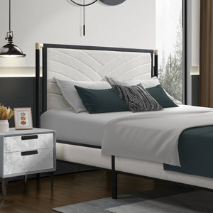 English Elm Christopher Knight Home® - Queen Platform Bed with White Bouclé Headboard, Champagne Silver & Black Frame, Solid Slats, 800lb Support N758D801819B