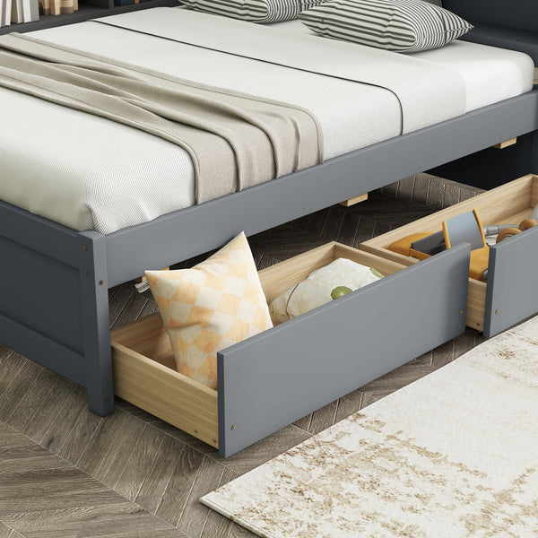 English Elm Full Size L-Shaped Bed With Bookcases, Usb Ports & Drawers - Space-Saving Grey Bedroom Solution W504S00245