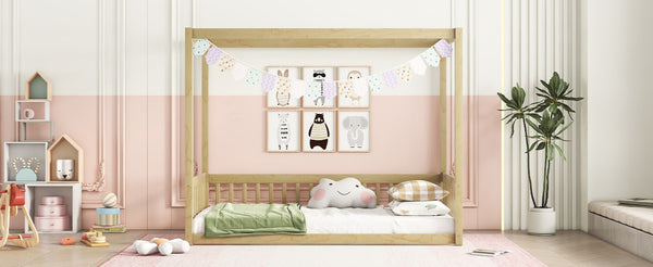 English Elm Twin Canopy Frame Floor Bed With Guardrails - Cozy, Safe Pine Design For Kids' Imaginative Spaces W504P143279-GIGA