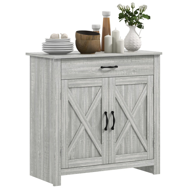 English Elm HOMCOM Rustic Farmhouse Sideboard Buffet Cabinet with Barn Doors, Drawer & Adjustable Shelves for Entryway Stone Gray W2225P229123