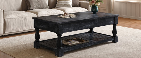 English Elm Farmhouse Lift Top Coffee Table Solid Wood Two Tier Hidden Storage Living Room W1445P412360