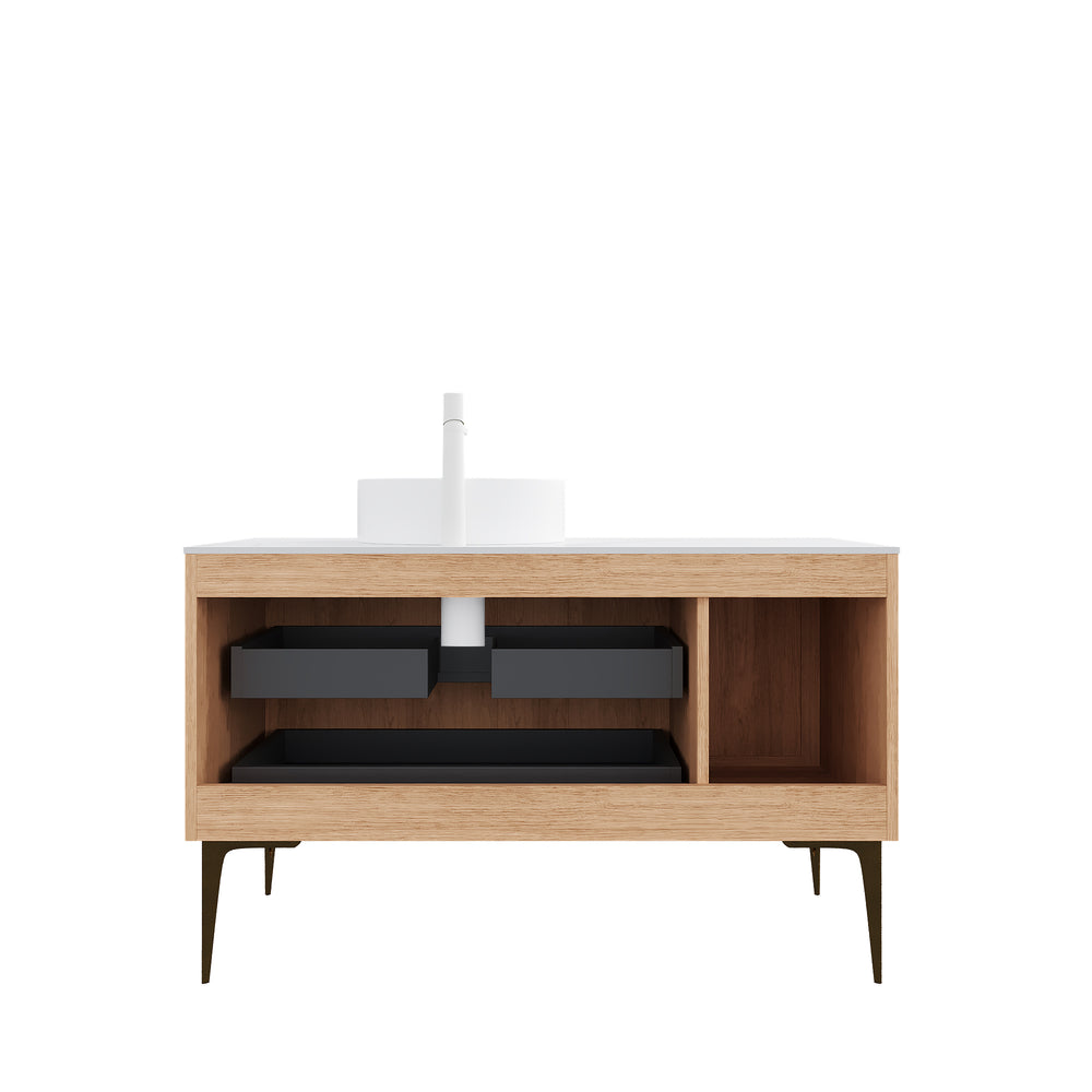 English Elm MUNIN 48" Freestanding Bathroom Cabinet with Carrara White Sintered Stone Top, Light Oak Plywood Finish, Two Drawers & One Door, Moisture-Resistant Design W2615P301451